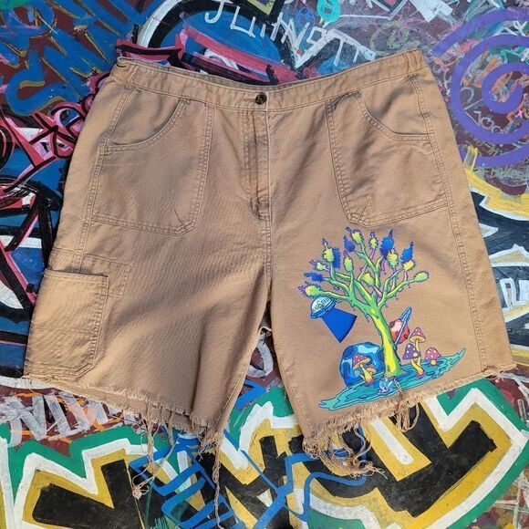 Custom BadSeed heat pressed green & blue trippy tree, UFO, & mushrooms shorts - Picture 1 of 15